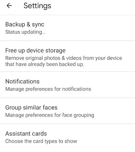 Google photos settings screenshot