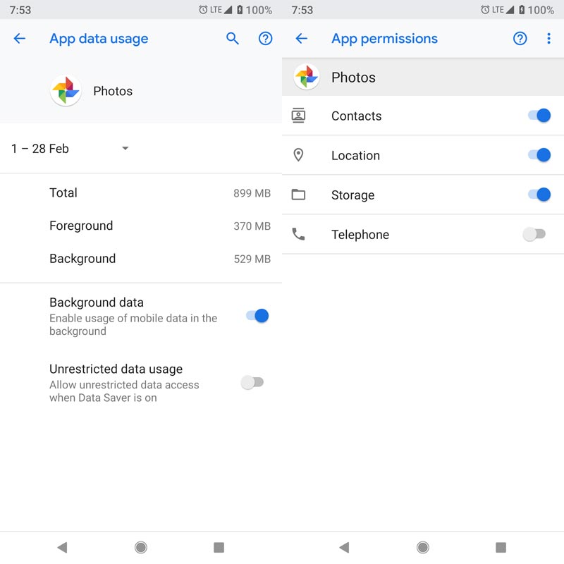 Google Photos Data Usage and Permissions Screenshot