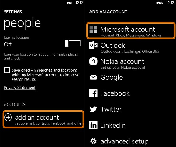 Add Account Windows Phone