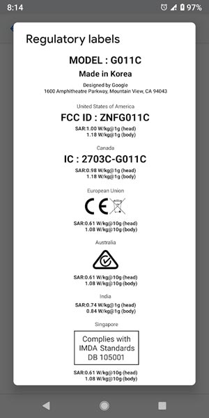 Google Pixel 2 XL SAR Value