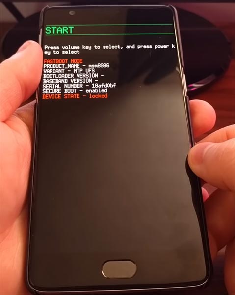 OnePlus 3 Fastboot Mode Warning Screen