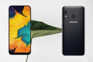 Samsung Galaxy A30 with leaf Background