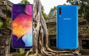 Samsung Galaxy A50 with Tree in Temple Background