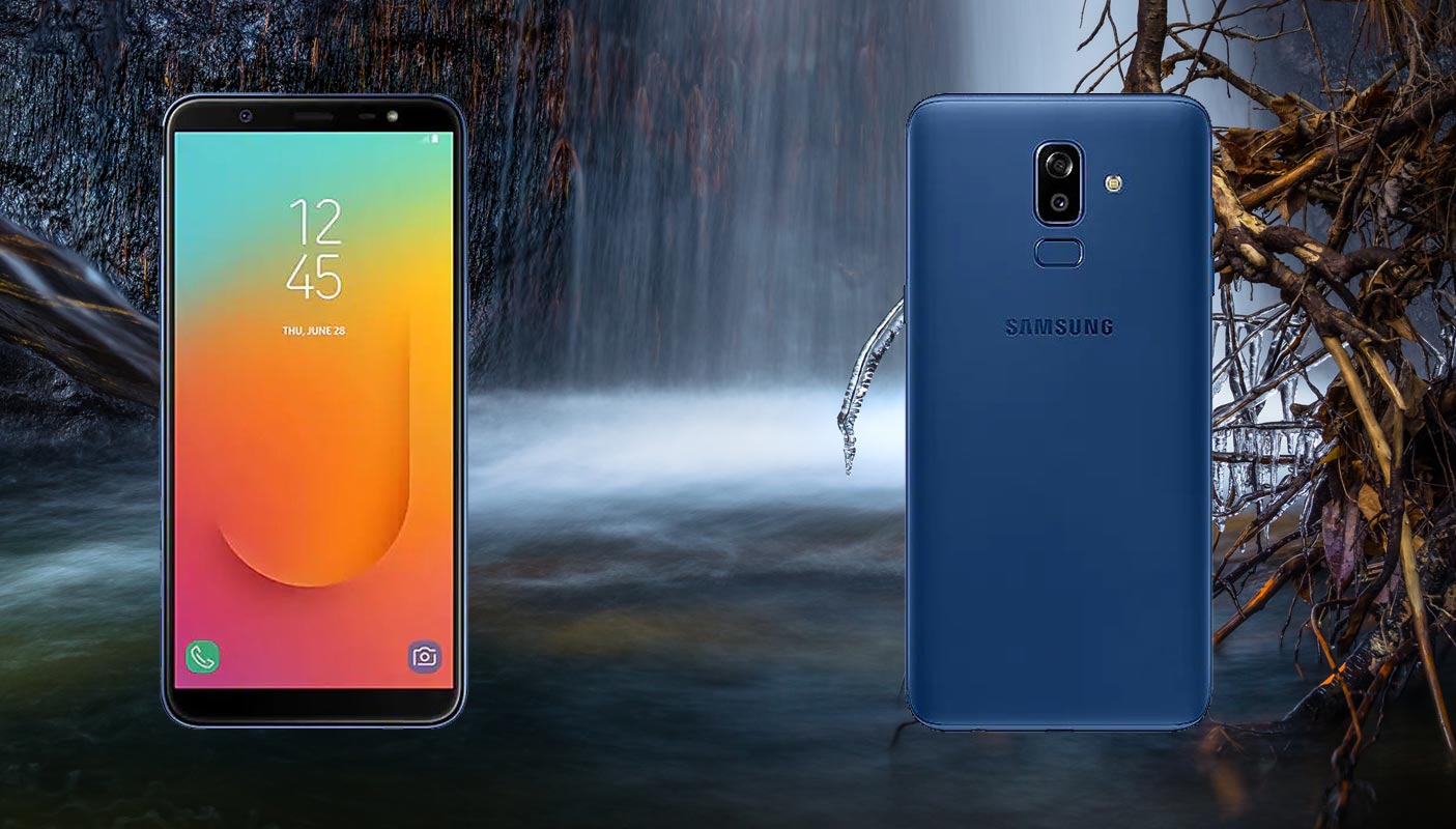 Samsung Galaxy J8 with Nature Water Falls Background