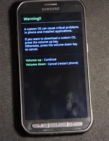 Samsung Galaxy S5 Sport Download Mode Warning Screen