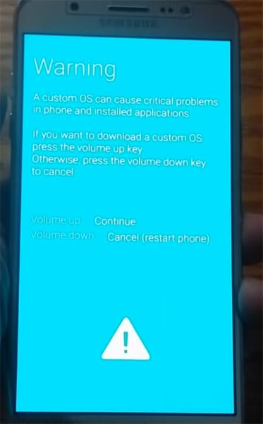 Samsung J2 Prime Download Mode Warning Screen