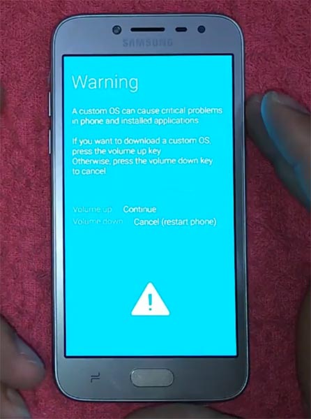 Samsung J2 Pro Download Mode Warning Screen