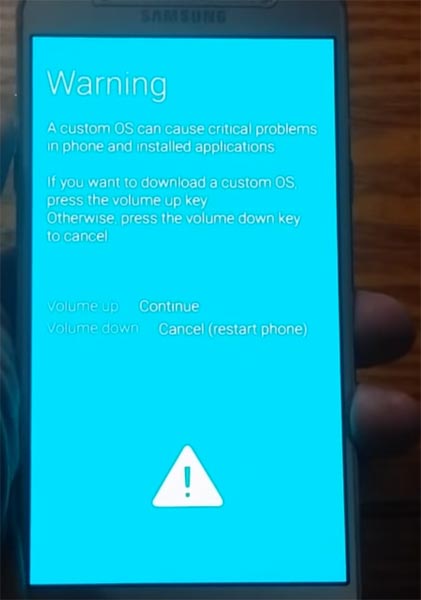 Samsung On5 Download Mode Warning Screen