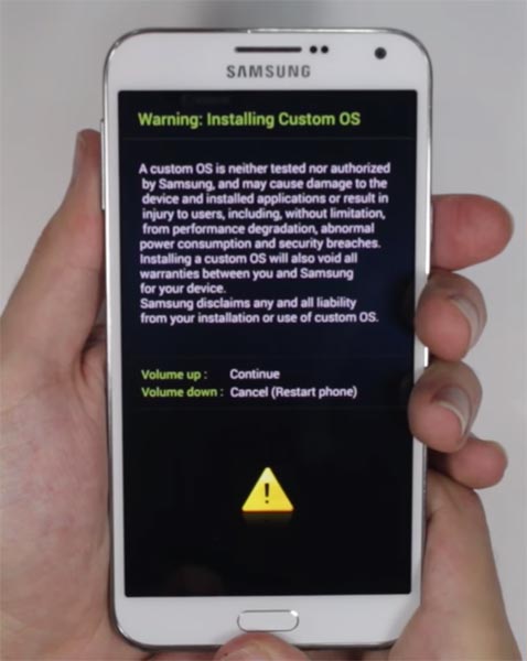 Samsung E7 Download Mode Warning Screen