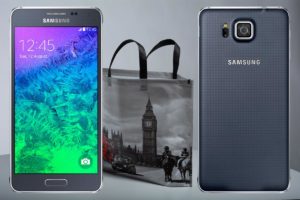 Samsung Galaxy Alpha with Grey Bag Background