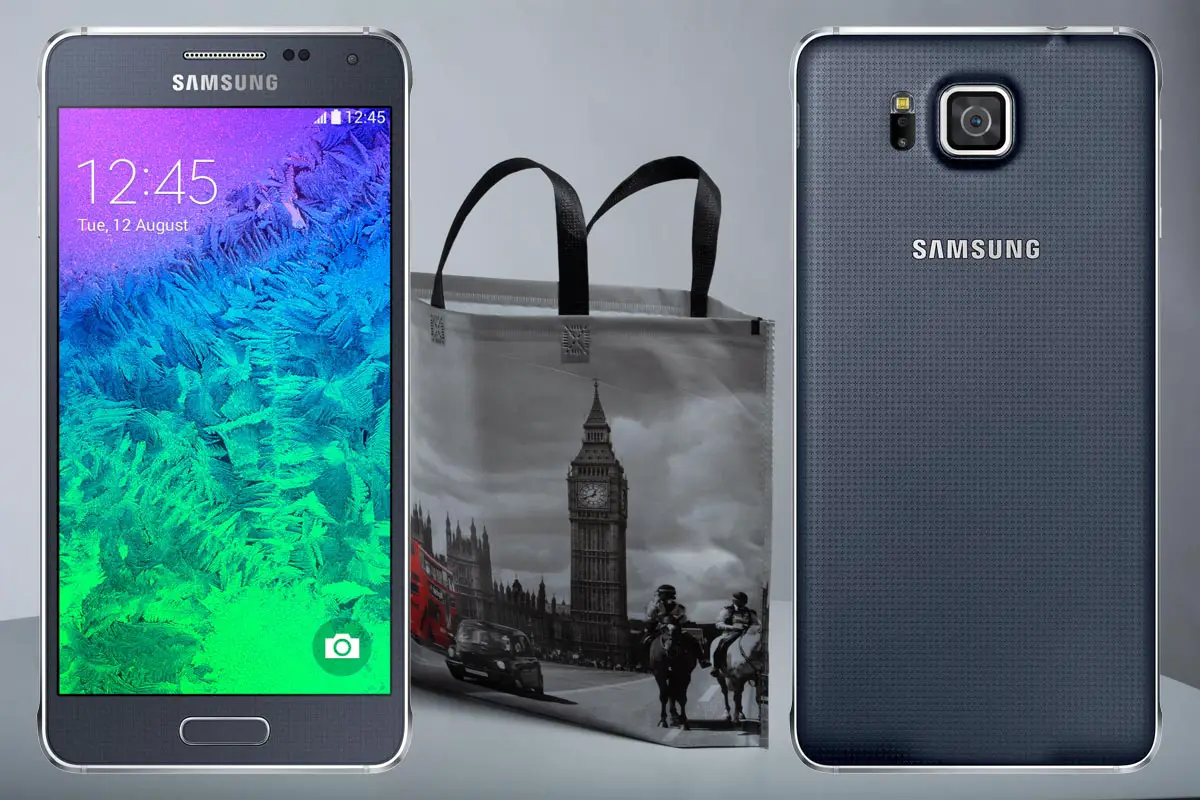 Samsung Galaxy Alpha with Grey Bag Background