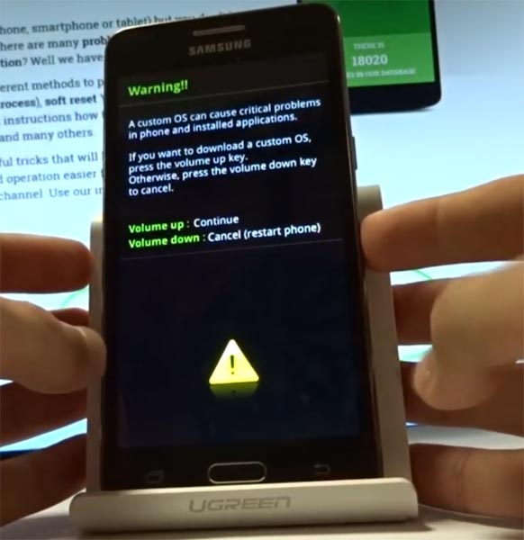 Samsung Galaxy Grand Prime letöltési mód figyelmeztető képernyő