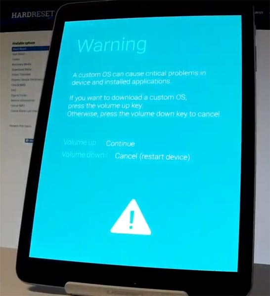 Samsung Galaxy Tab S3 Download Mode Warning Screen