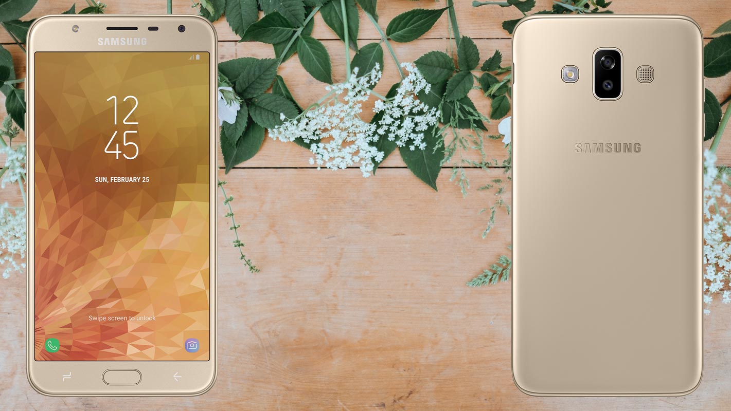 Samsung Galaxy J7 Duo with Flower on Table Background