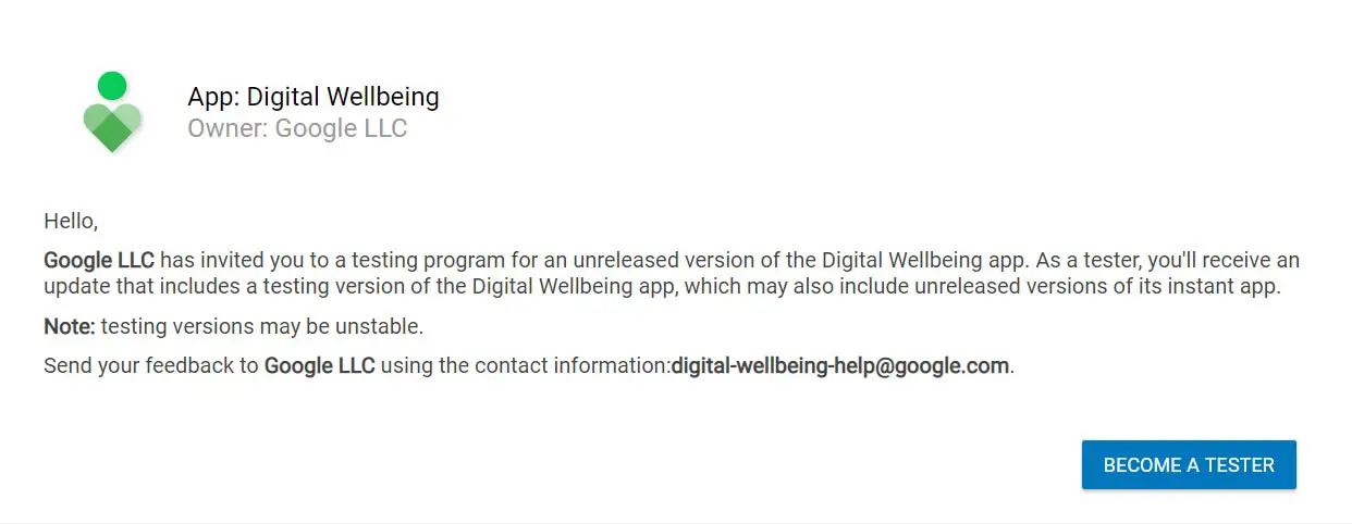 Digital Wellbeing Enroll as a Tester