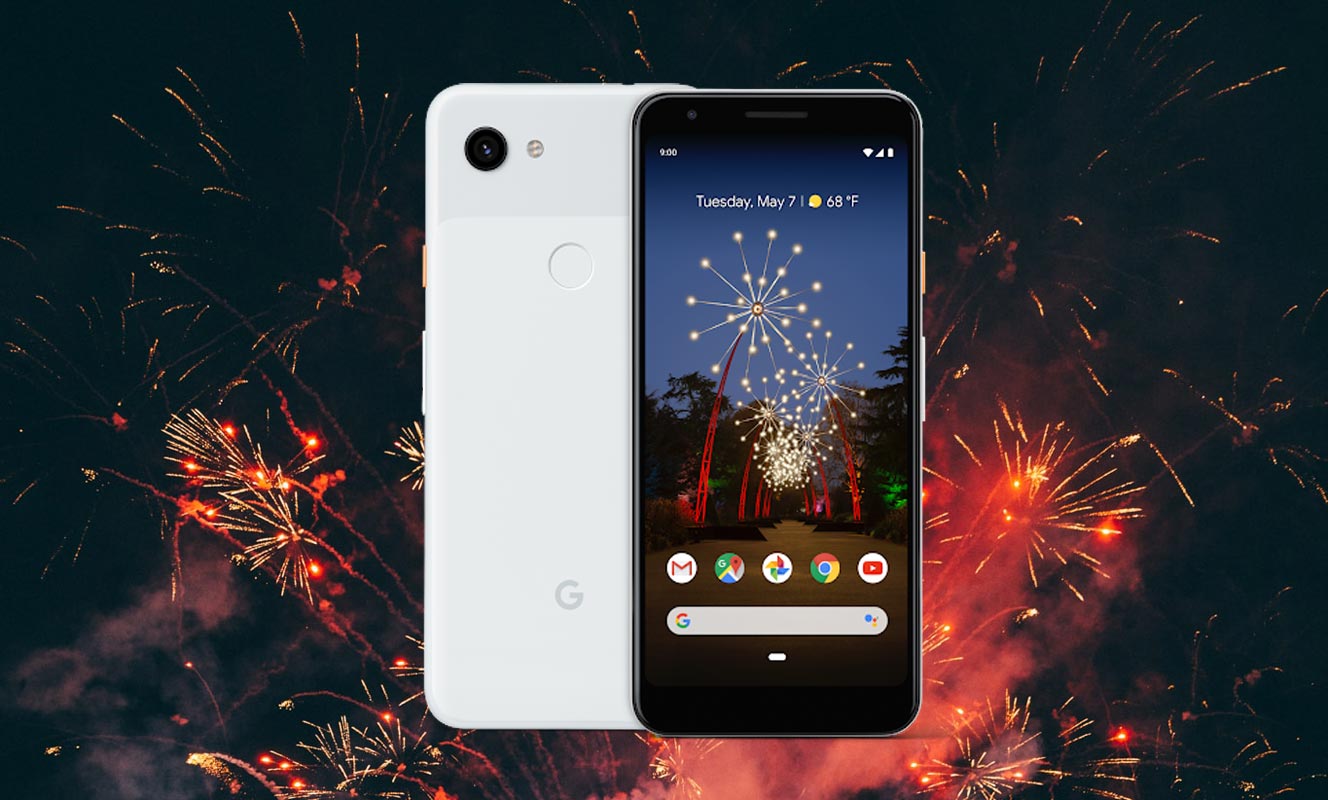 Google Pixel 3a with Fire Work Background