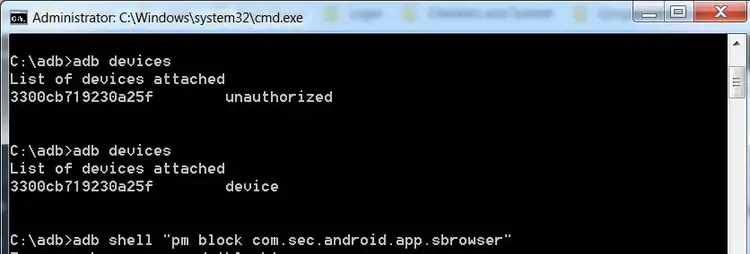تعطيل متصفح الإنترنت Samsung Galaxy باستخدام ADB
