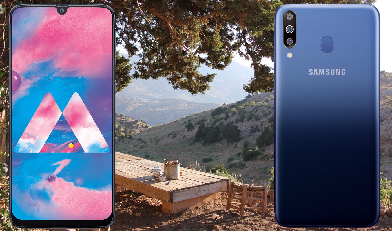 Samsung Galaxy M30 with Outdoor Mountain Background