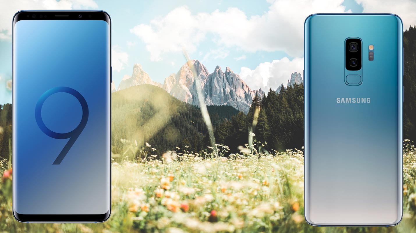 Samsung Galaxy S9 Plus with Mountain Garden Background