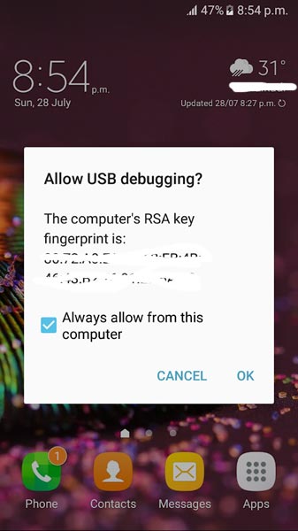 Samsung Galaxy USB debugging Allow