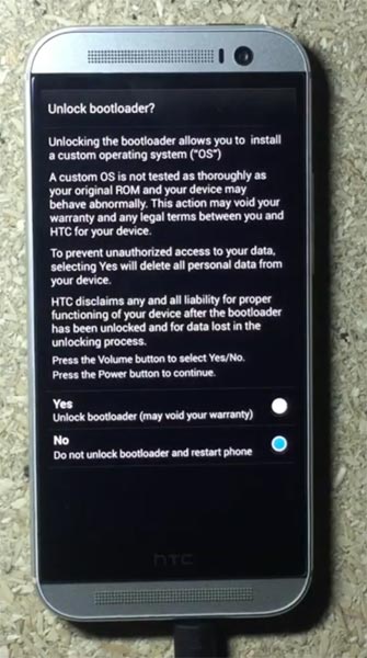 HTC One M8 Bootloader Unlock Warning Screen