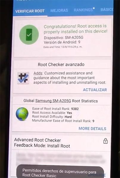 Samsung Galaxy A20 Root Checker Result