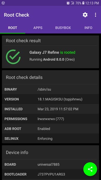 Samsung Galaxy J7 Refine 2018 Root checker Status