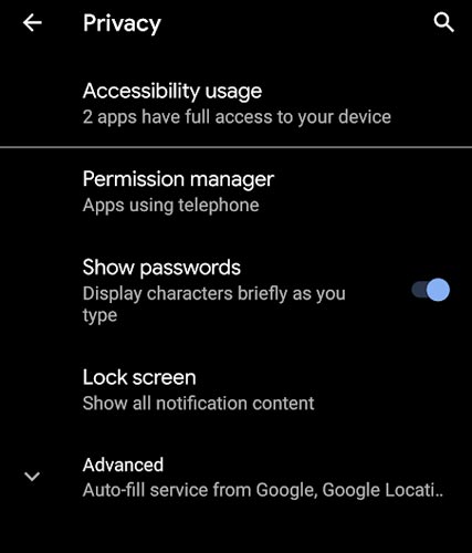 Android 10 Datenschutz-Registerkarte