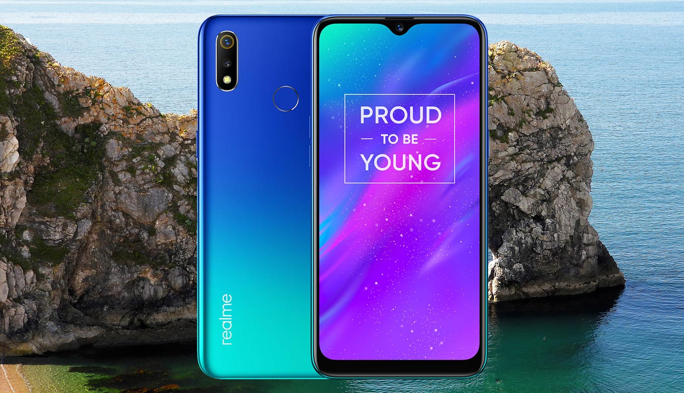 Oppo realme 3 with Beach Mountain Background