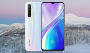 Realme XT with Blue Pink Ice Mountain Background