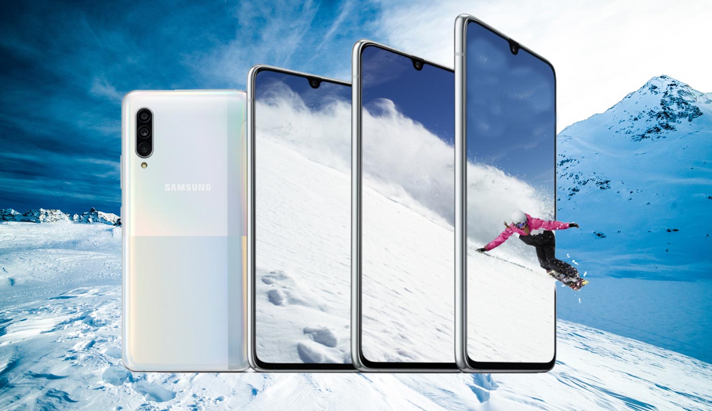Samsung Galaxy A90 5G with Snow Mountain Background