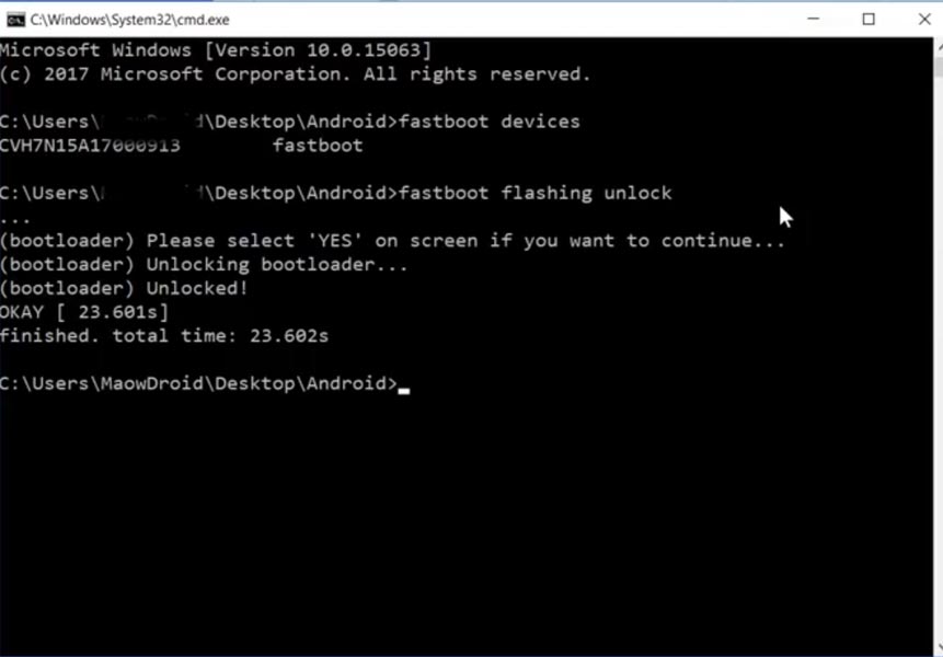 fastboot flashing unlock command