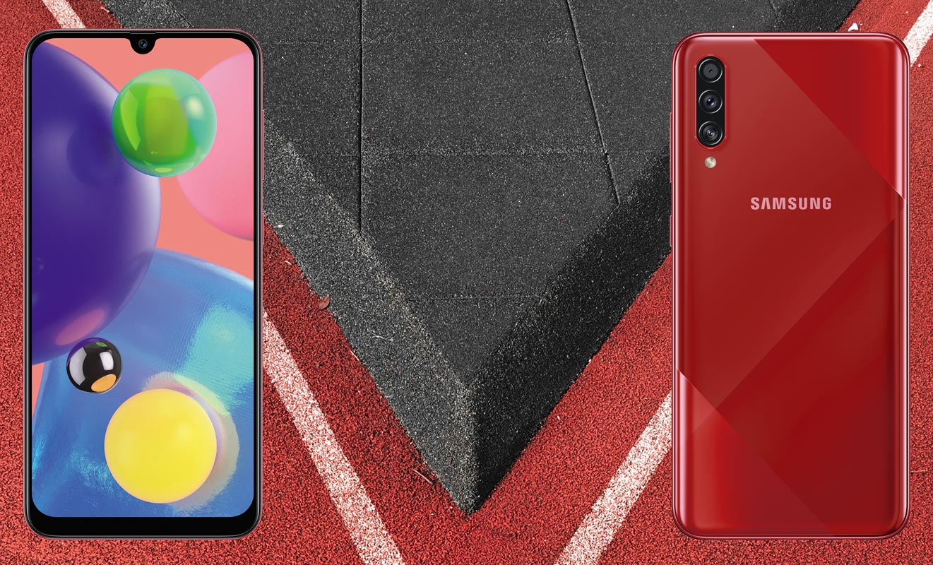 Samsung Galaxy A70s with Red and Grey Painted Floor Background