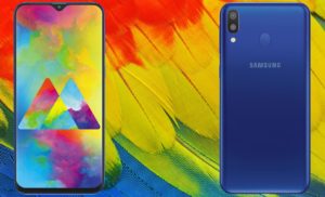 Samsung Galaxy M20 with Colorful Feather Background