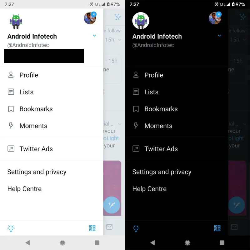 Twitter Dar Mode Slide Menu Enable