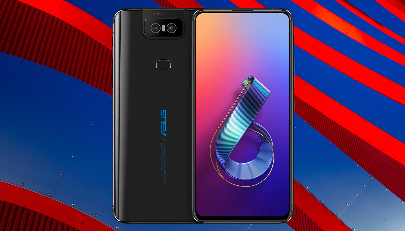 Asus Zenfone 6 with Red and Blue Metal Background