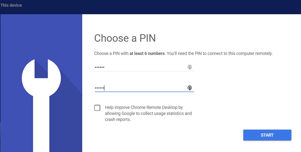 PIN Setup remote desktop Google