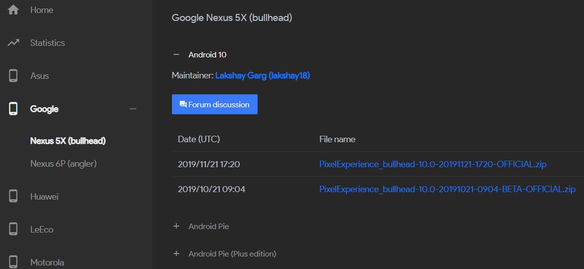 Pixel Experience Android 10 Downloads Page Screenshot