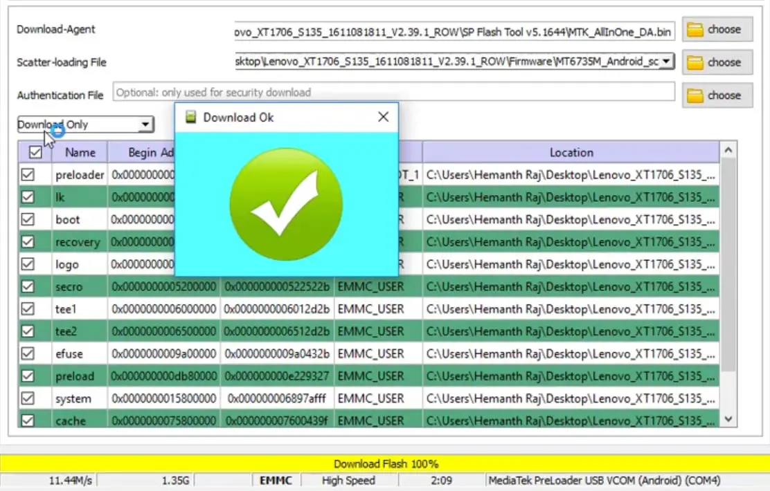 SP Flash tool Flash Done