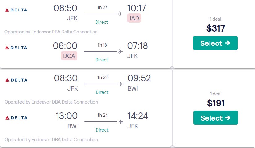 Different price Range Flights