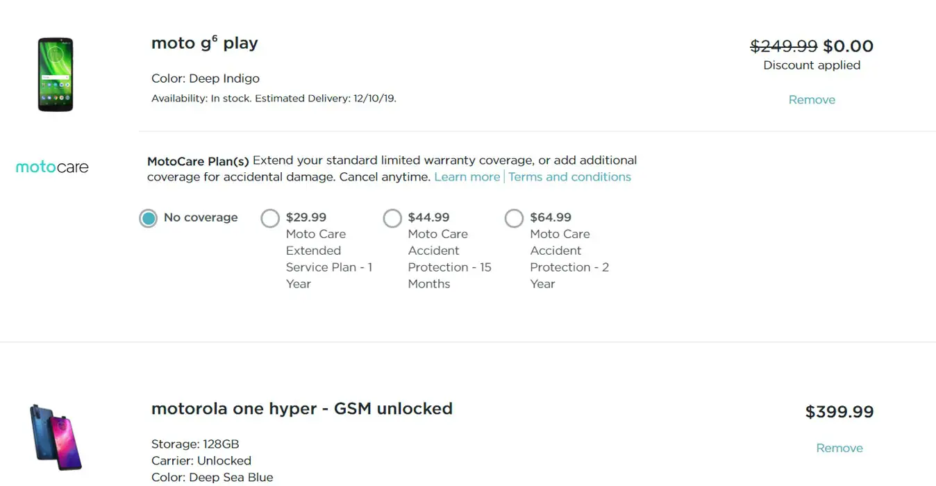 Motorola One Hyper and Moto G6 in the Cart