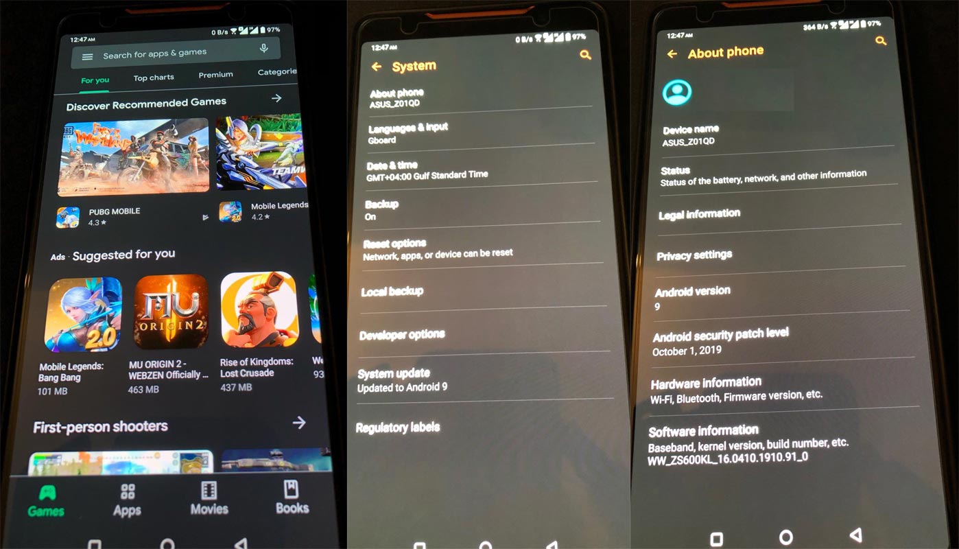 Pie 9.0 Screenshots of Asus ROG Phone 1st Gen