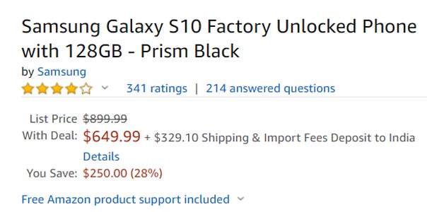 Samsung Galaxy S10 with Shipping Fees