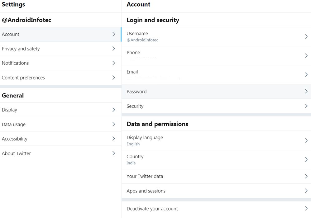 Twitter Settings Page