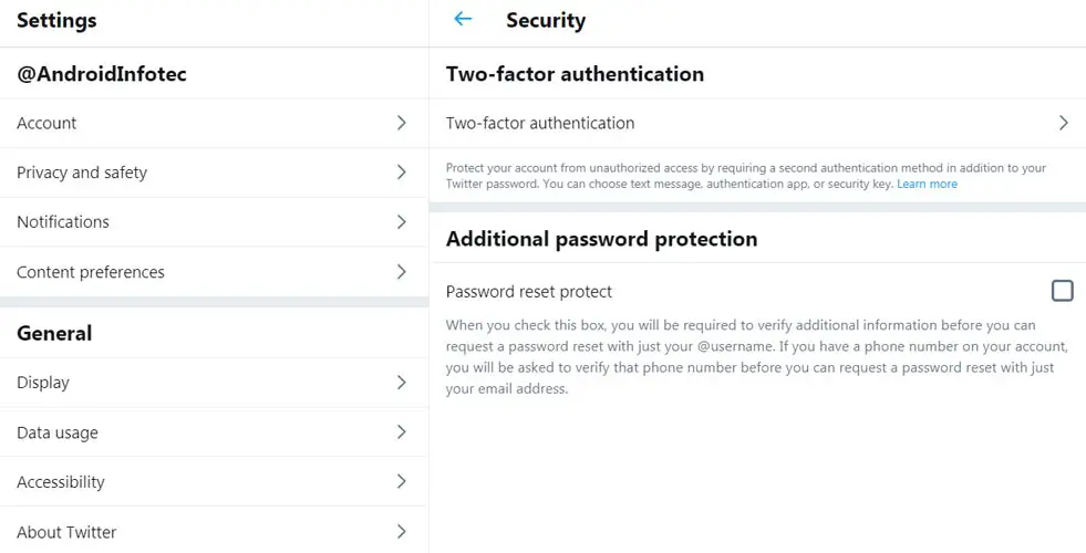 Twitter Two factor Authentication Enable Option