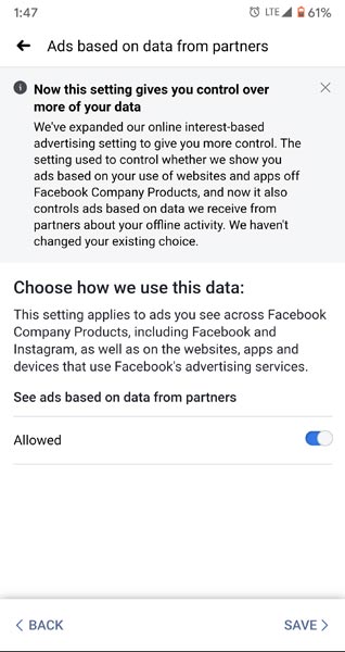 Ads based on Partners Disable