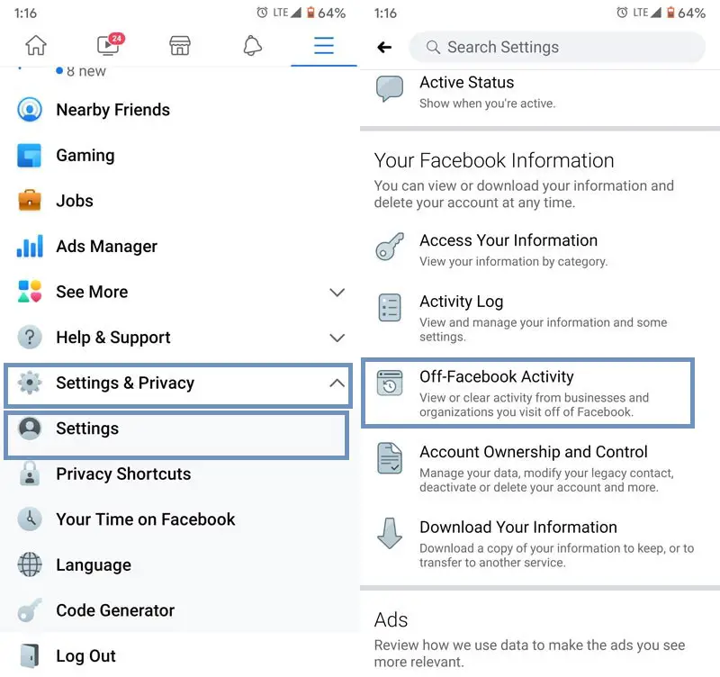 Facebook App Settings Information Menu