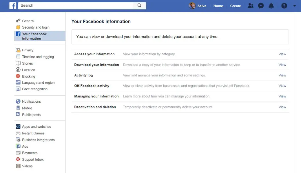 Facebook Information Settings