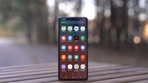 Front Facing Samsung Galaxy S10 Lite on the Wooden Table
