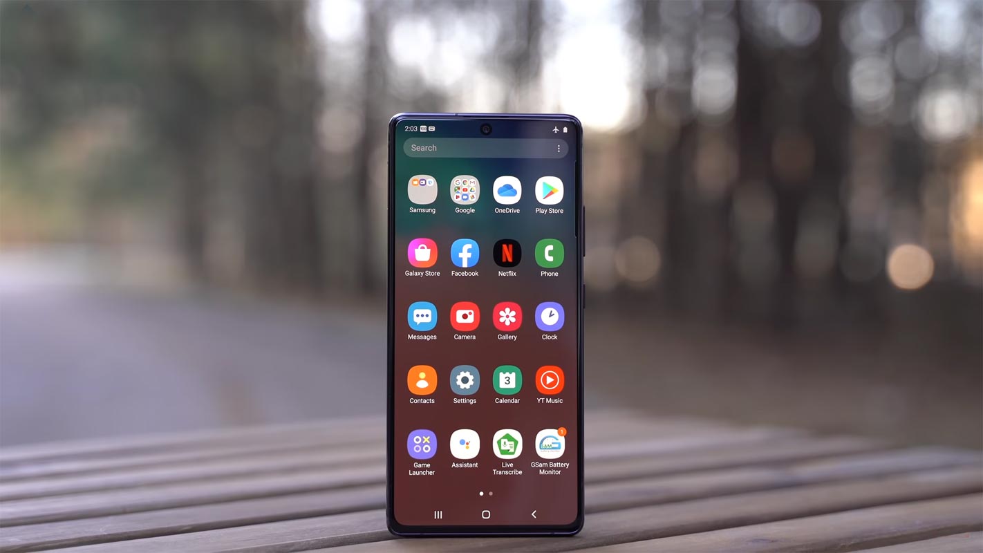 Front Facing Samsung Galaxy S10 Lite on the Wooden Table